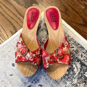 A.n.a sandals. Pink/red floral with decorative buckle. Size: 6.5